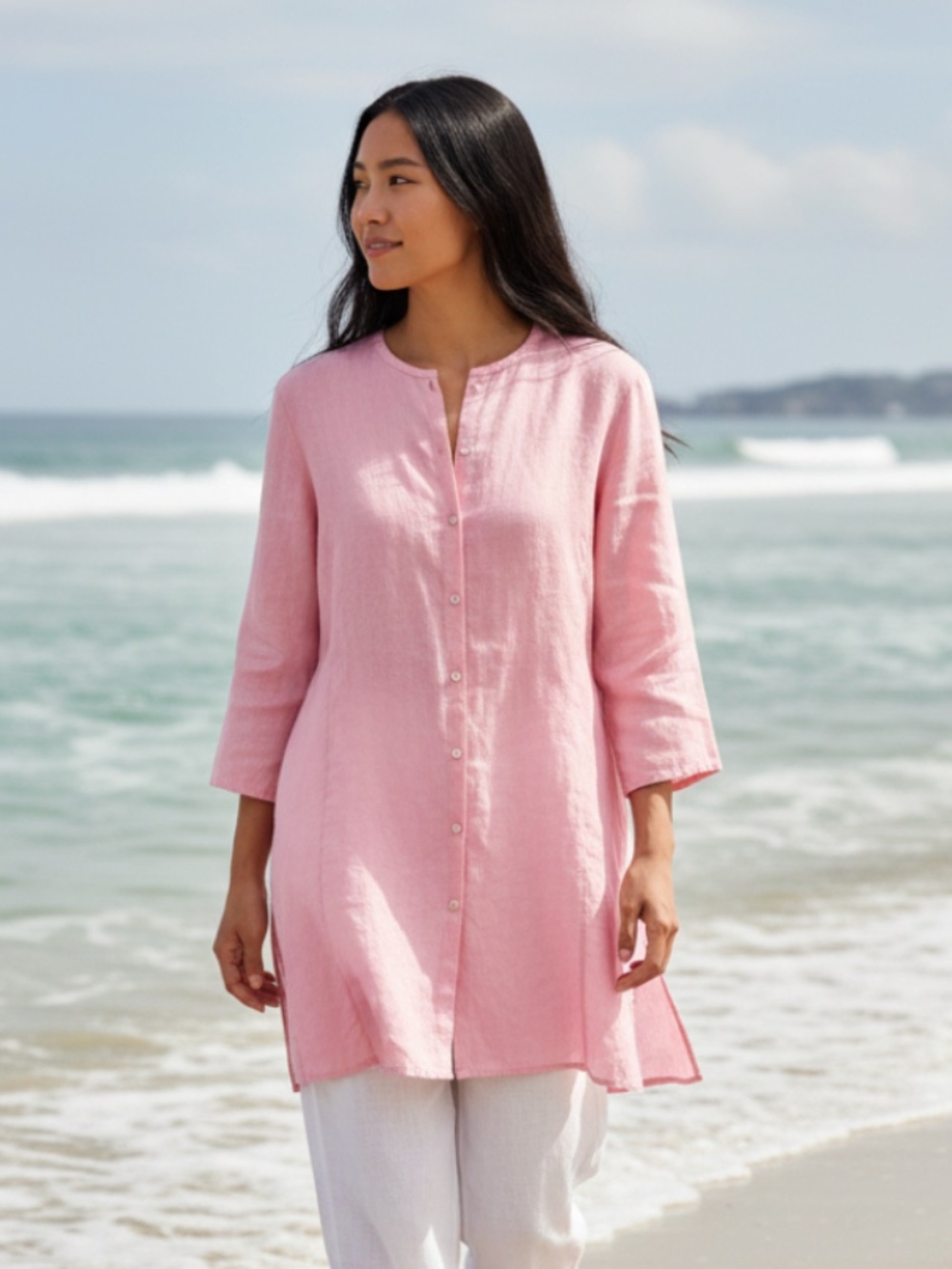 Eileen Fisher Long Tunic Shirt Top Button Down Sz Medium Pink LINEN Coastal